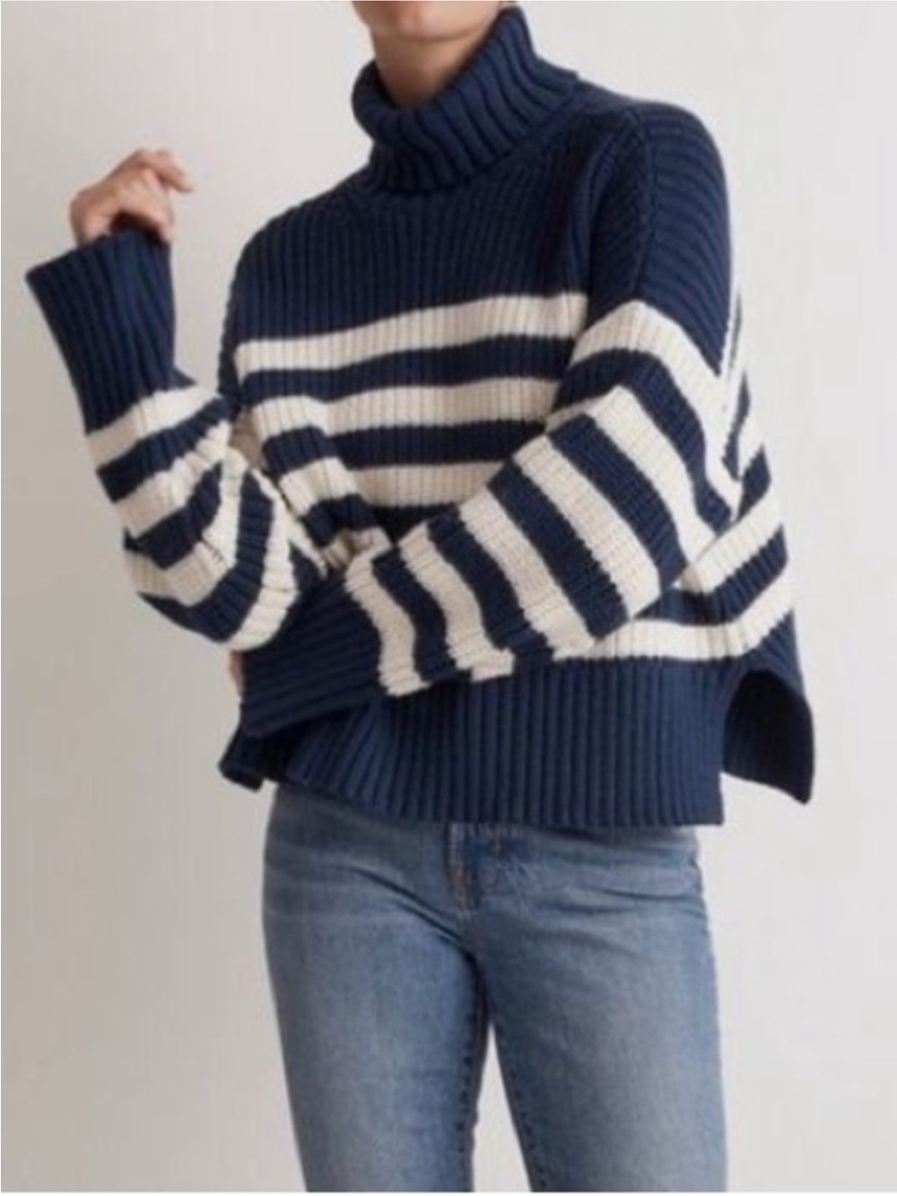 Cotton Striped Navy and White Turtleneck Sweater